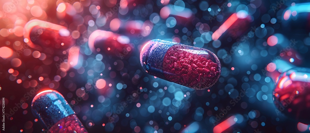 An abstract representation of numerous capsules suspended in mid-air. The capsules, varying in sizes and orientations, are of two distinct colors: dark blue and red - obrazy, fototapety, plakaty 