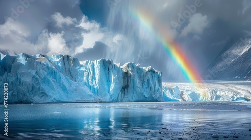 Rainbow arches over icy seas and scenic landscapes  blending water and sky in a breathtaking display of natural beauty
