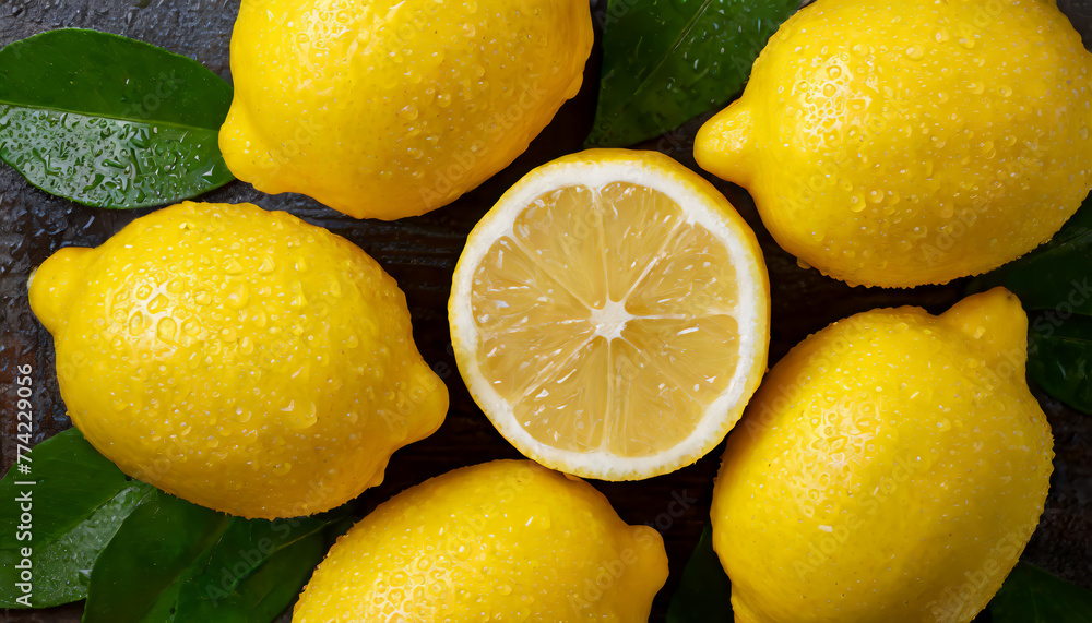 Overhead Shot of Lemons with Water Drops Close up