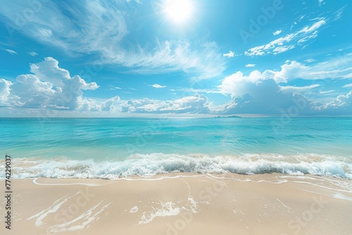 A Sunny Day at the Beach With Blue Skies and White Clouds