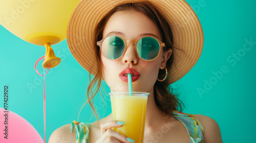 Fashion pretty young woman wearing a straw hat, sunglasses with air balloon drinks fruit juice from cup over colorful on teal color background professional photography