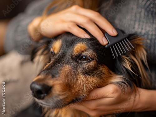 A pet owner brushing their long-haired dog's fur to prevent mats and tangles