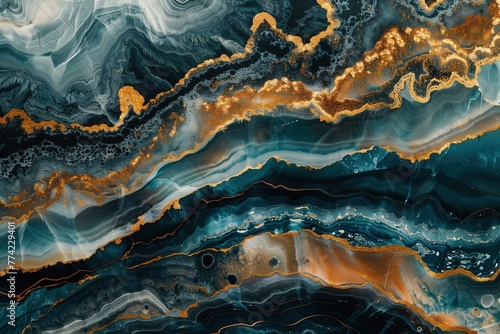 Abstract marble pattern with dark teal and gold colors, featuring swirling patterns of black veins, aquamarine streaks, white accents, and golden lines, creating an elegant backdrop for design project photo