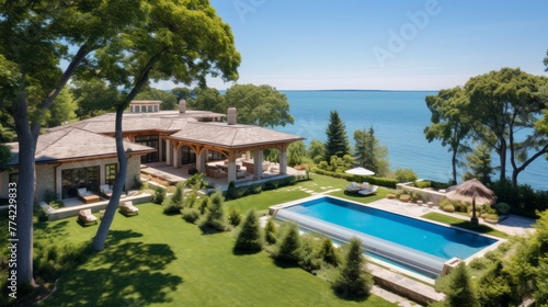 Mediterranean inspired villa with a sprawling garden and a private beach access in the exclusive Hamptons, New York