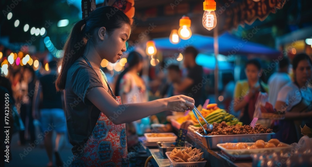 Lively atmosphere of an urban night market, with vendors selling street food, crafts, and glowing lights inviting exploration and discovery.