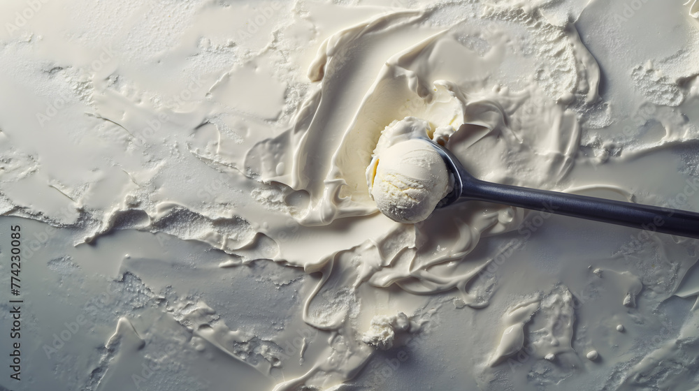 Vanilla Ice Cream Scoop with Melting Trails on White Background Vanilla Ice Cream Scoop with Melting Trails on White Background