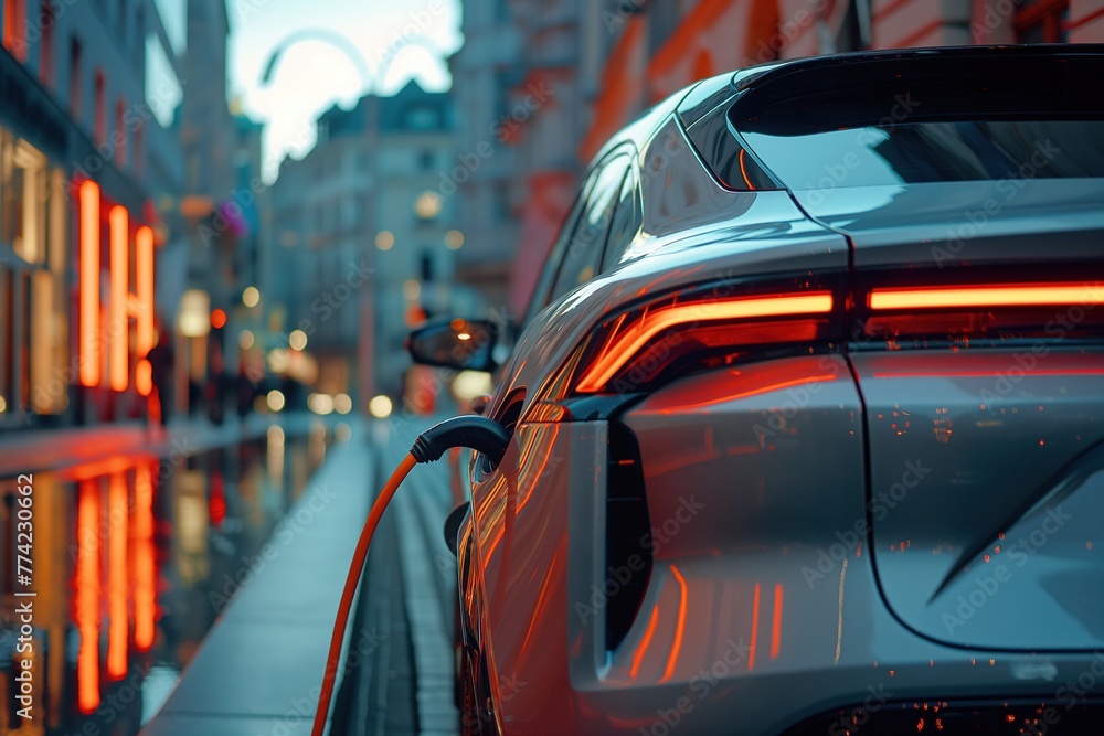 A modern electric car charging on the street, illuminated by orange neon lights. City background, grey and orange color palette, modern architecture, city lights. A modern electric car charging on the street, illuminated by orange neon lights. City background, grey and orange color palette, modern architecture, city lights.