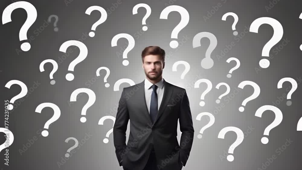 A confident man in a business suit stands amid a sea of question marks, symbolizing uncertainty and decision making in business. AI Generation A confident man in a business suit stands amid a sea of question marks, symbolizing uncertainty and decision making in business. AI Generation