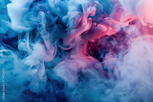 Swirling smoke in shades of blue and pink  creating an abstract background with space for text. The smoke forms intricate patterns reminiscent of organic shapes or floral motifs.