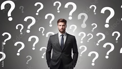 A confident man in a business suit stands amid a sea of question marks, symbolizing uncertainty and decision making in business. AI Generation photo