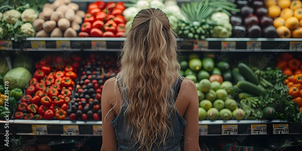 A woman shops for fresh produce in a colorful display at the grocery store. Concept Shopping for Fresh Produce, Grocery Store, Colorful Display, Healthy Eating, Lifestyle Choices