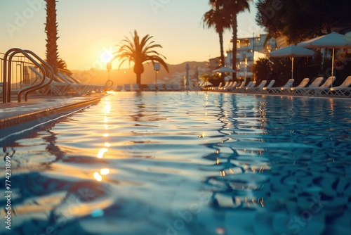 Close up of luxury hotel swimming pool with blue water and palm trees at sunset in Mediterranean seaside resort  summer vacation background.