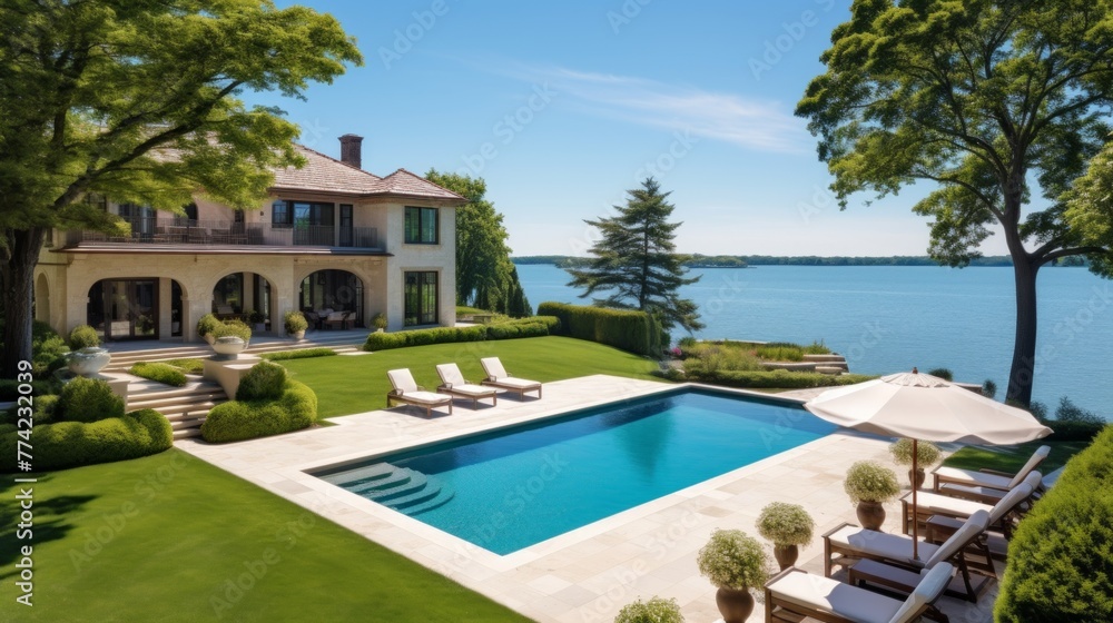 Fototapeta premium Mediterranean inspired villa with a sprawling garden and a private beach access in the exclusive Hamptons, New York