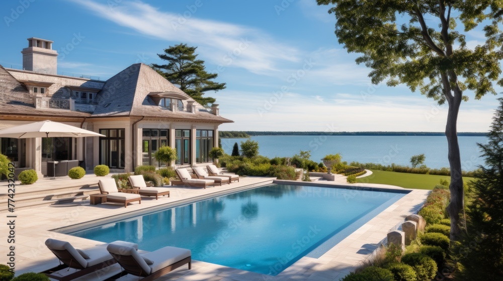 Obraz premium Mediterranean inspired villa with a sprawling garden and a private beach access in the exclusive Hamptons, New York