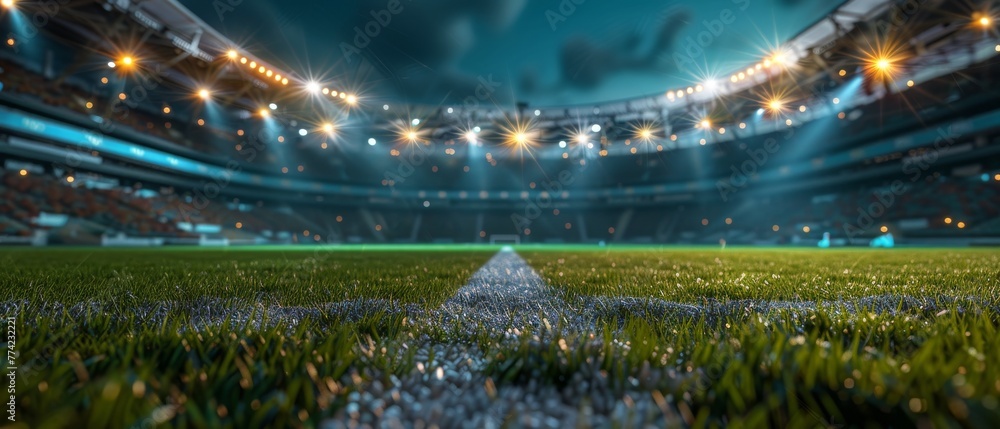 Majestic 3D rendering of an empty stadium with a focus on the lush green field and illuminated stands - obrazy, fototapety, plakaty 