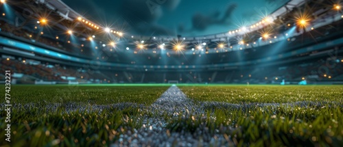 Majestic 3D rendering of an empty stadium with a focus on the lush green field and illuminated stands