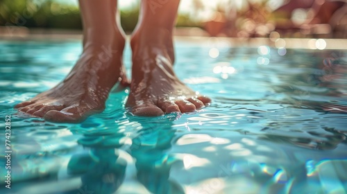 A person's feet are in the water, and the water is blue