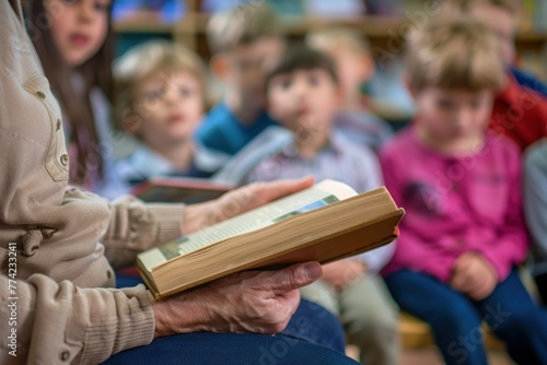 Teacher holding an open book with children listening in the blurred background.