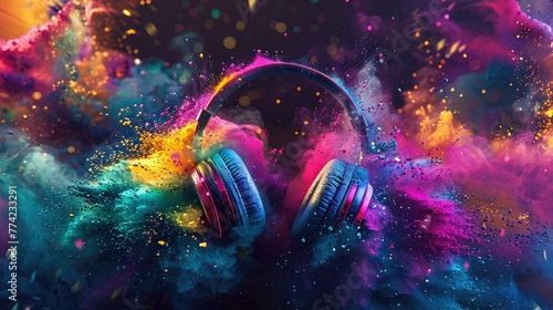 Create an illustration of headphones surrounded by bursts of colorful powder, adding an energetic and lively touch to the design