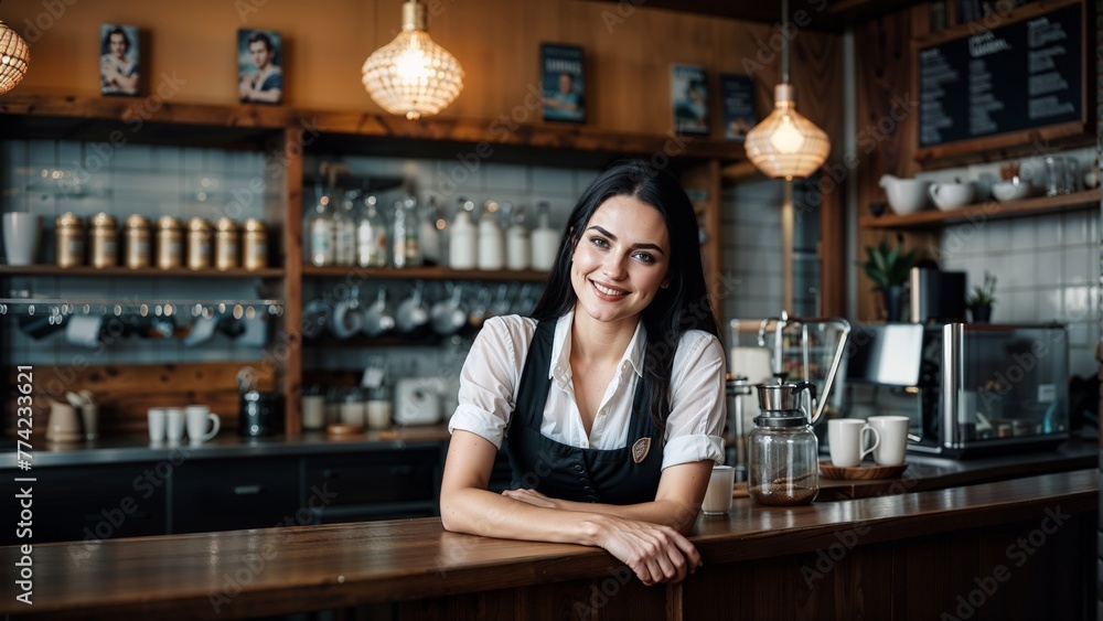 Portrait of smiling waitress standing at counter in coffee shop and looking at camera