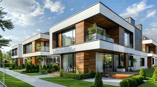 contemporary private modular townhomes. External architecture of residential buildings