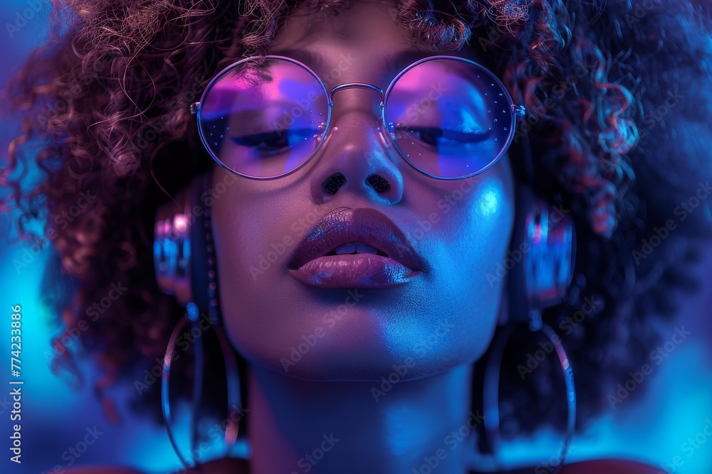 A faceless woman enjoys music with curly hair and headphones highlighted by vibrant blue and purple neon lights, creating a sense of nightlife and entertainment A faceless woman enjoys music with curly hair and headphones highlighted by vibrant blue and purple neon lights, creating a sense of nightlife and entertainment