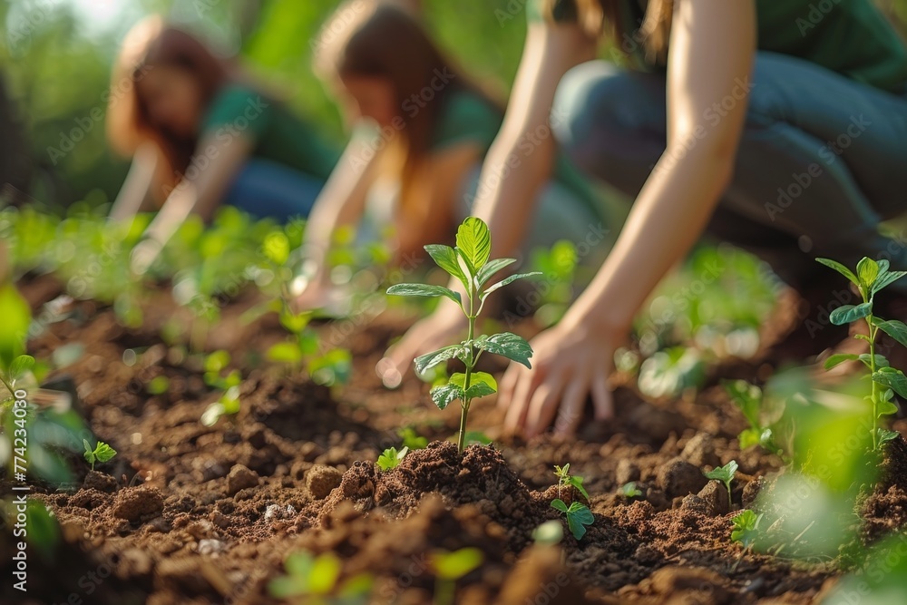 Selective focus on a small plant with blurred background of people planting in a garden Selective focus on a small plant with blurred background of people planting in a garden