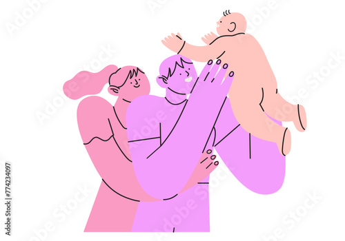 Kid adoption. Multicultural foster family or couple adopt newborn. Happy parents embracing their adopted daughter or son. Vector cartoon illustration. Mother and father, family care and adopted child.