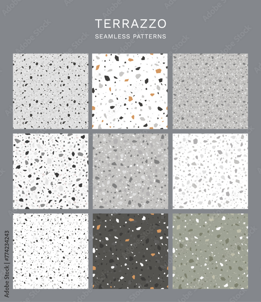 Terrazzo texture. Vector seamless pattern set of classic italian floor terrazzo, natural stone, quartz, marble, granite in Venetian style. Modern minimalist floor tile for interior design