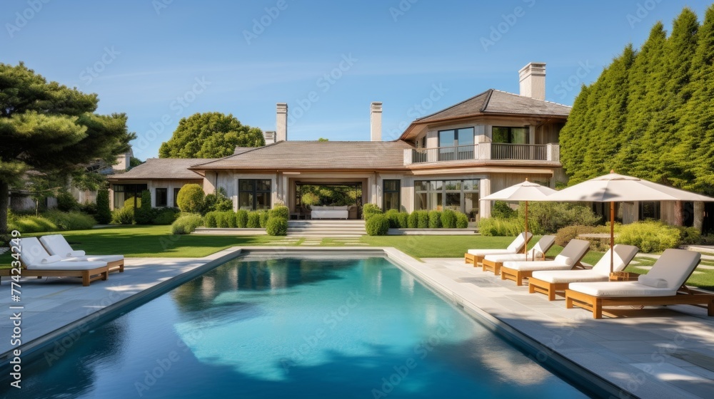 Fototapeta premium Mediterranean inspired villa with a sprawling garden and a private beach access in the exclusive Hamptons, New York