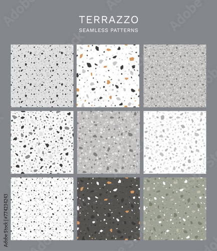 Terrazzo texture. Vector seamless pattern set of classic italian floor terrazzo, natural stone, quartz, marble, granite in Venetian style. Modern minimalist floor tile for interior design