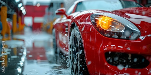 A red car getting its headlights cleaned at a car wash showcasing quality service and maintenance. Concept Car Wash, Quality Service, Maintenance, Red Car, Headlights Cleaning © Ян Заболотний