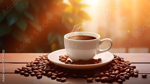 cup of coffee with beans on blurred nature background 