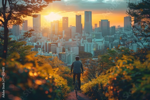 A solitary cyclist pauses to admire the golden sunset behind a bustling cityscape, framed by nature
