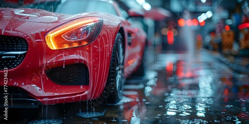 Quality Service and Maintenance: A Red Car Getting Its Headlights Cleaned at a Car Wash. Concept Car Maintenance, Headlight Cleaning, Quality Service, Car Wash, Red Car © Ян Заболотний