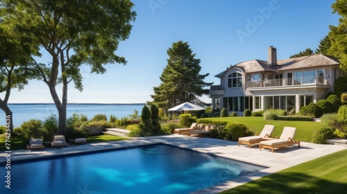 Mediterranean inspired villa with a sprawling garden and a private beach access in the exclusive Hamptons  New York