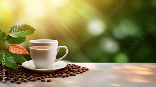Hot coffee cup with fresh organic red coffee beans and the roasted coffee beans on the wooden table and the plantations background 