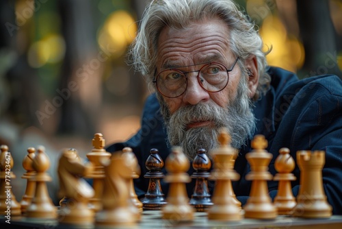 Intense elderly man concentrates on a chess game amidst a natural outdoor setting