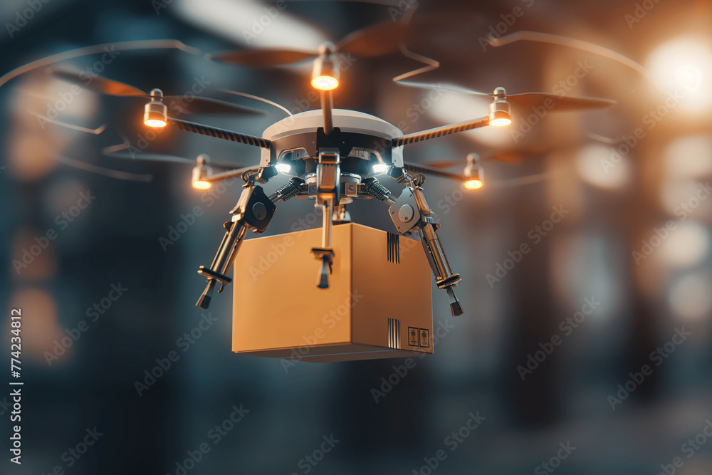 A drone hovers in the sky, transporting a cardboard box as part of innovative delivery solutions utilizing unmanned aerial vehicles and advanced technology for fast and reliable transportation. - obrazy, fototapety, plakaty 