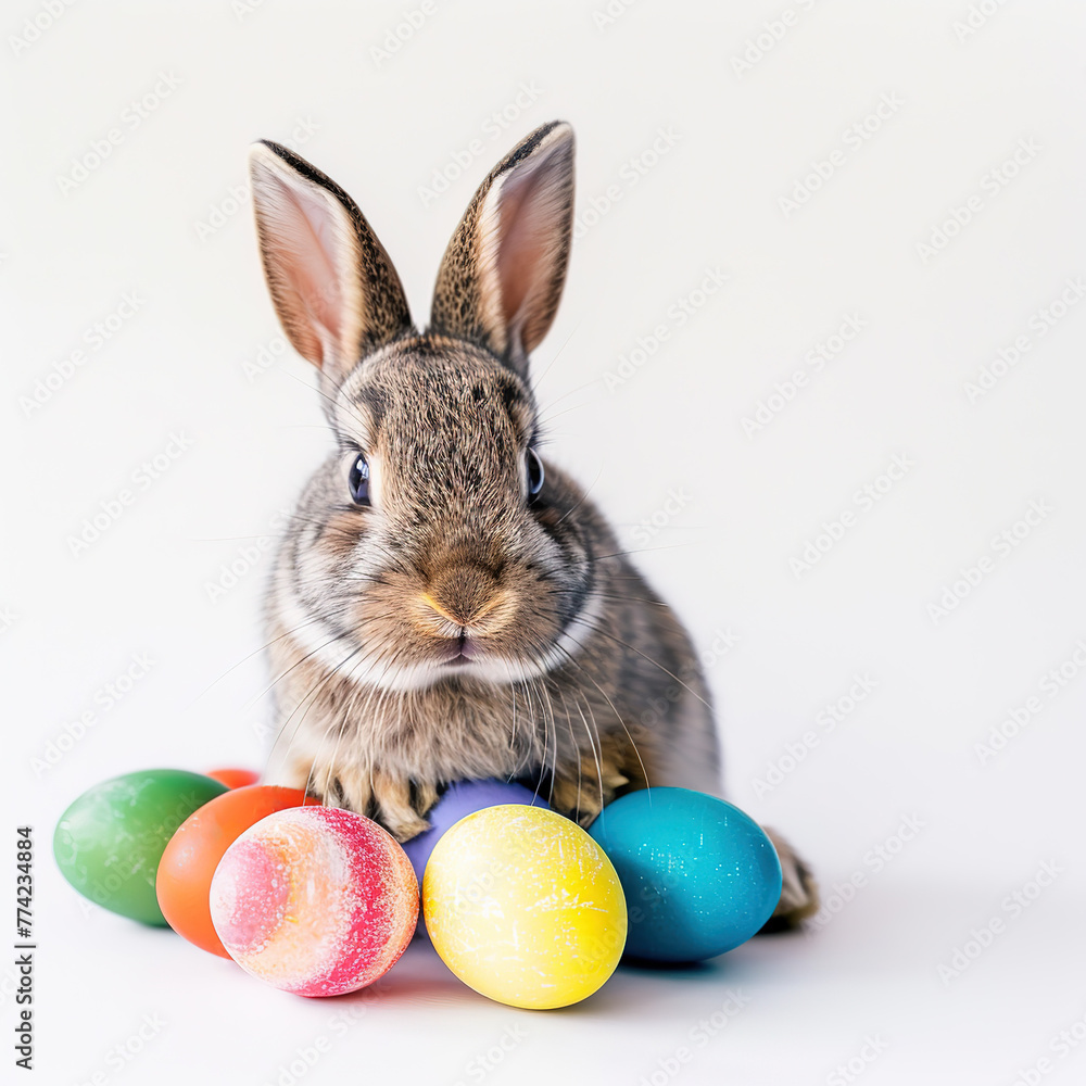 A cute Easter bunny with colorful eggs on white background