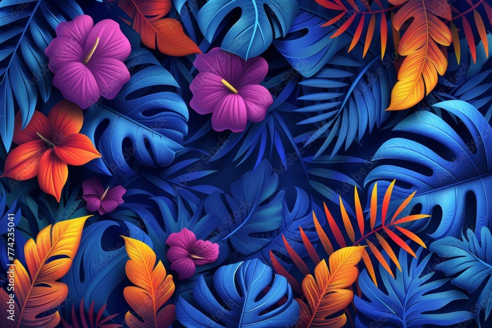 A beautiful dark tropical pattern with an exotic forest background. Original stylish floral background print in vibrant rainbow colors. - obrazy, fototapety, plakaty 