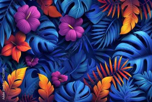 A beautiful dark tropical pattern with an exotic forest background. Original stylish floral background print in vibrant rainbow colors.
