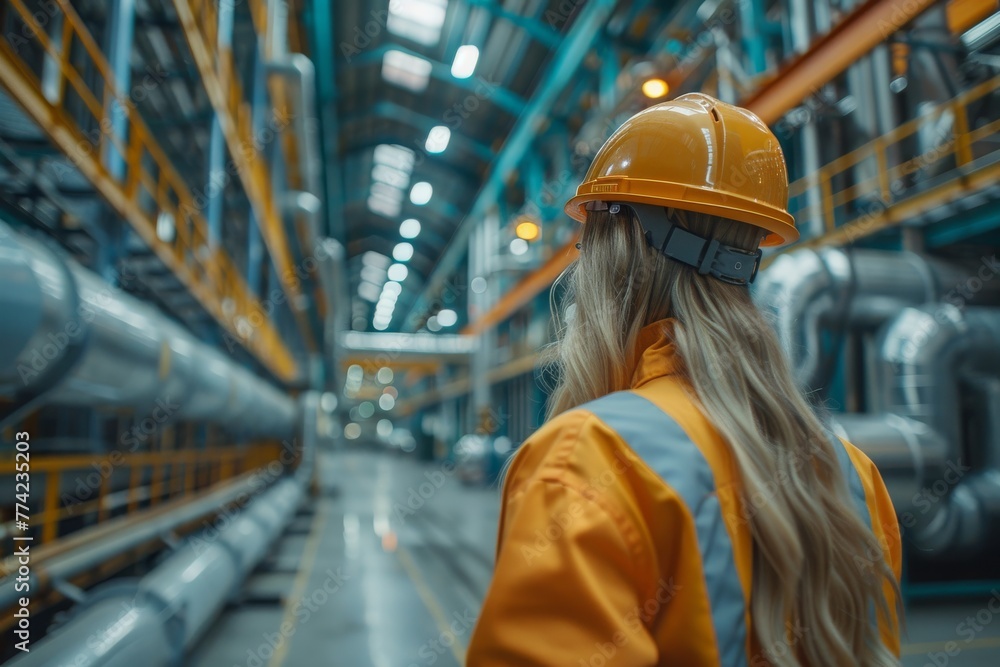 A female engineer in a reflective vest and helmet stands confidently in an industrial plant with pipes A female engineer in a reflective vest and helmet stands confidently in an industrial plant with pipes