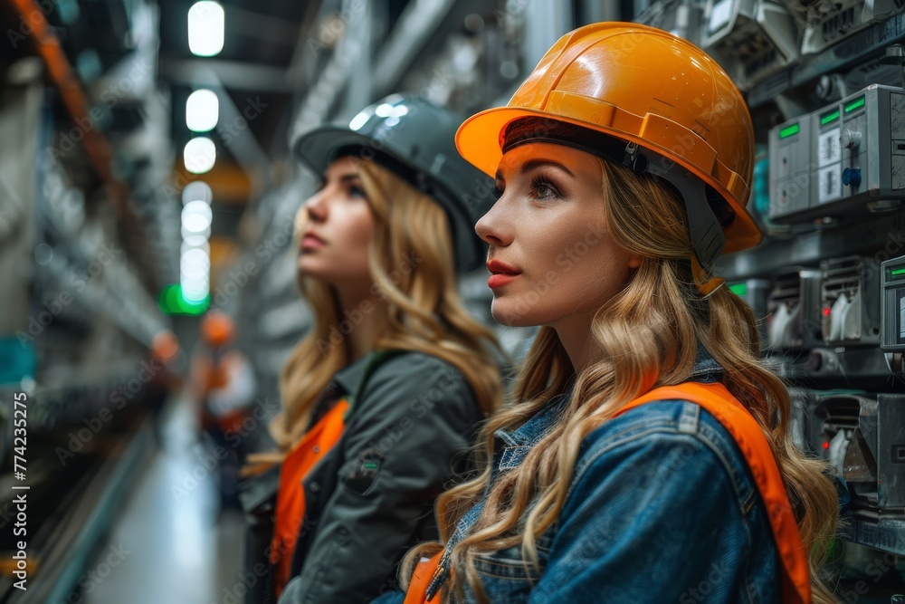Two female workers focused on their tasks in a technical setting Two female workers focused on their tasks in a technical setting