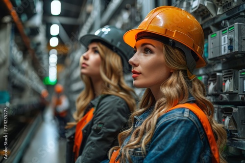 Two female workers focused on their tasks in a technical setting