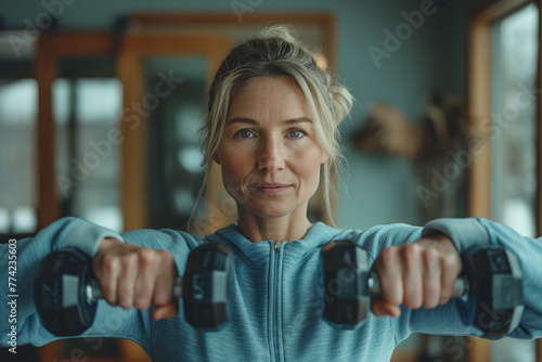 A contented middle-aged person engages in a home workout, lifting weights and stretching, demonstrating dedication to personal fitness and well-being. photo