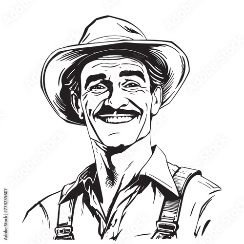 Hand-drawn sketch happy farmer. Farming, agriculture vintage vector illustration