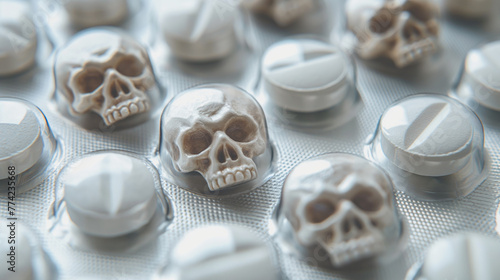 A blister with tablets in the shape of skulls symbolizes the danger of using powerful drugs.