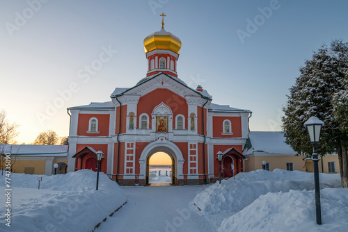 View of the old church of Philip, Metropolitan of Moscow (1874) on a January evening. Valdaisky Iversky Monastery. Novgorod Region, Russia