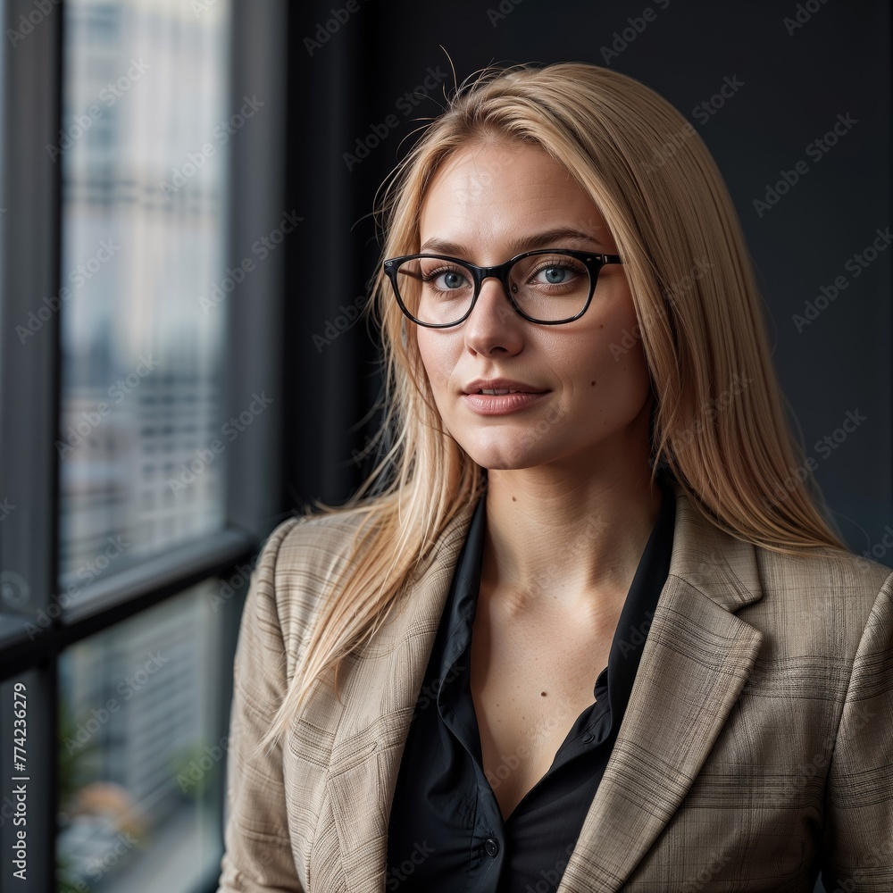portrait of young businesswoman in eyeglasses looking at camera in office portrait of young businesswoman in eyeglasses looking at camera in office
